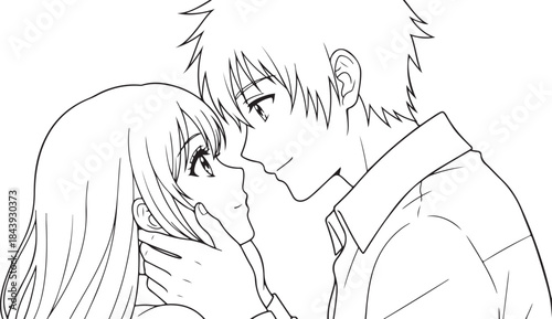 Valentine's Day Anime Couple Line Art Vector. 14 February Romantic Manga Sketch for T-shirt Print.