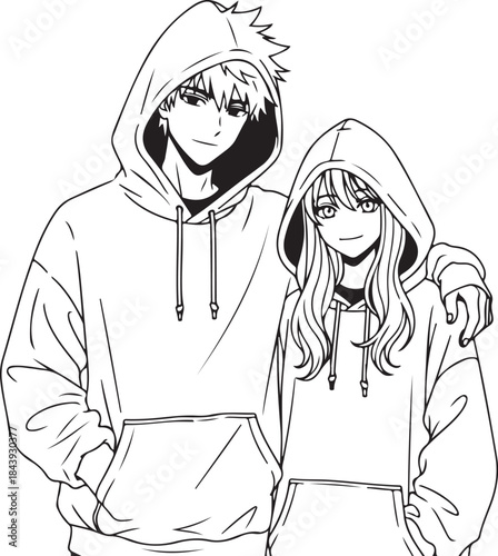 Valentine's Day Anime Couple Line Art Vector. 14 February Romantic Manga Sketch for T-shirt Print.