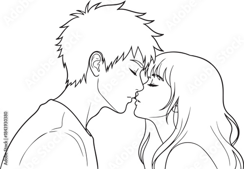 Valentine's Day Anime Couple Line Art Vector. 14 February Romantic Manga Sketch for T-shirt Print.