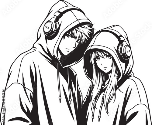Valentine's Day Anime Couple Line Art Vector. 14 February Romantic Manga Sketch for T-shirt Print.