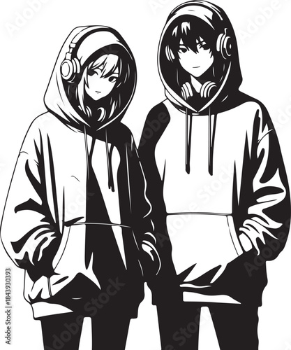 Valentine's Day Anime Couple Line Art Vector. 14 February Romantic Manga Sketch for T-shirt Print.