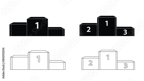 Black and white illustration of a three tiered winners podium with numbers