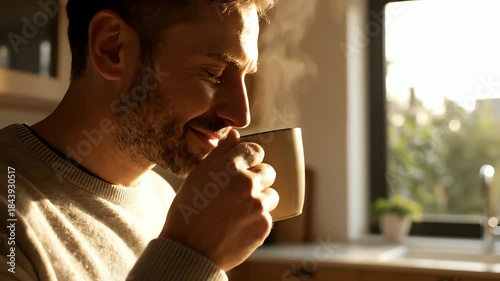 Happy relaxed man pouring and smelling a fresh cup of hot coffee in a sunlit kitchen