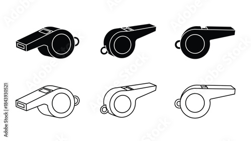 Black and white illustrations of a referee whistle in various perspectives