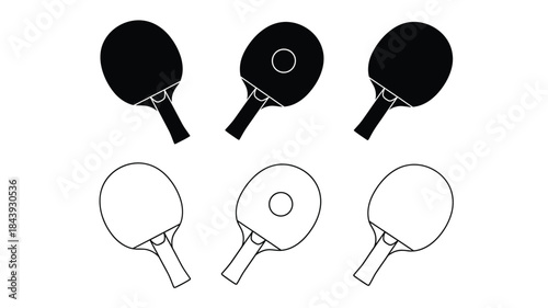 Black and white table tennis paddles in various orientations and styles