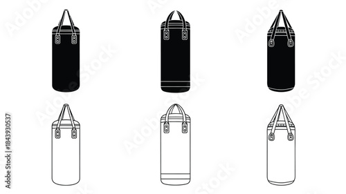 Simple black and white line drawing of three different boxing bag views