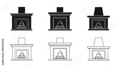A collection of fireplace designs both filled and outlined in black and white