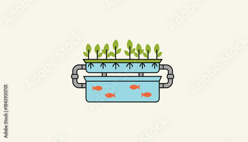 An aquaponics system integrated into a compact space combining fish tanks and plant beds in a harmonious cycle.
