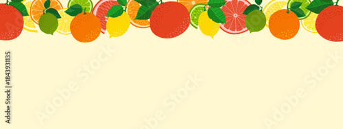 A vibrant citrus fruit banner design featuring lemon, orange, lime, and grapefruit images, with space for text. Ideal for summer sales, organic product ads, juice packaging, or fresh web designs.