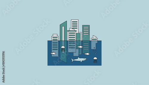 A city skyline submerged in water with buildings partially underwater and marine life swimming through the streets illustrating rising sea levels.