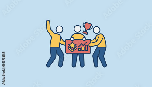 A team celebrating a successful milestone gathered around a plaque that recognizes their collective achievements and outstanding performance metrics.