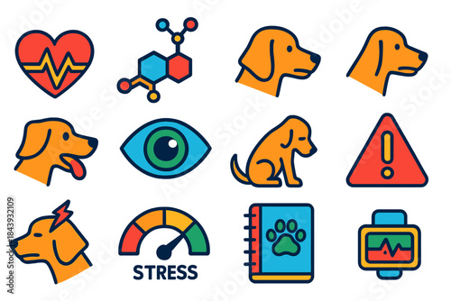 Canine Stress Icons. Flat vector icons of stress detection in working dogs: heart rate, cortisol molecule, ear position, tail
