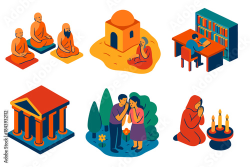 Silent Spiritual Icons. Isometric vector illustration set History of silence: monks meditating, desert hermitages, quiet libraries