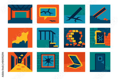 Derelict Factory Icons. Flat vector icons of Derelict Factory Spaces: empty warehouse, shattered skylight, cracked floor, fallen