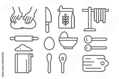 Line Style Kitchen Icons. Line style icons of Handmade Cuisine: Dough Kneading, Cutter Knife, Drying Rack, Fresh Ingredients;