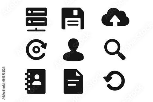 Data Preservation Icons. Solid style icons of data preservation and legacy archives: server, floppy disk, cloud, arrow, spiral,