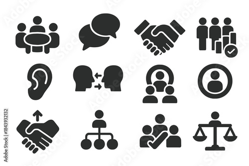 Group Deliberation Icons. Solid style icons of group deliberation: roundtable discussion, speech bubble cluster, consensus