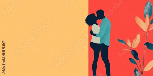 In a colorful abstract scene, a loving couple embraces, showcasing their deep connection