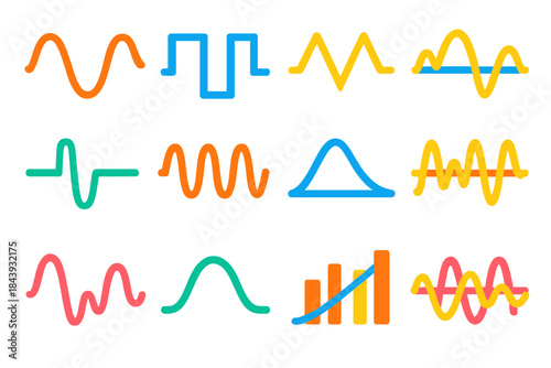 Vibrant Waveform Icons. Flat vector icons of Waveforms: sine wave, square wave, triangular wave, sawtooth wave, pulse signal,