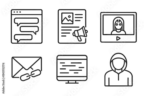 Icons of Modern Myths. Line style icons of Internet and Urban Myths: message board thread, viral post, creepy video still, chain