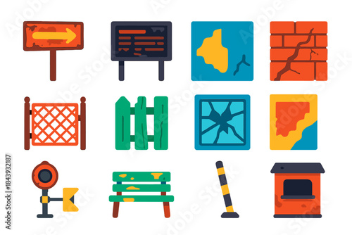 Railway Decay Icons. Flat vector icons of Railway Decay: old sign, faded timetable board, chipped paint, cracked wall, rusted gate