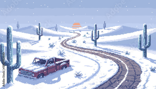 Snowy desert landscape in pixel art style featuring a winding road, saguaro cacti, and an abandoned red pickup truck stuck in the snow at sunrise