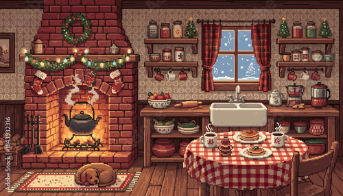 Cozy pixel art kitchen interior decorated for the holidays with a warm fireplace, a sleeping dog, and a festive breakfast of pancakes and hot drinks on a checkered tablecloth