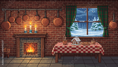 Nostalgic 8-bit pixel art kitchen scene featuring a warm fireplace, a sleeping cat, a festive table with a gingerbread house, and a snowy winter view from the window