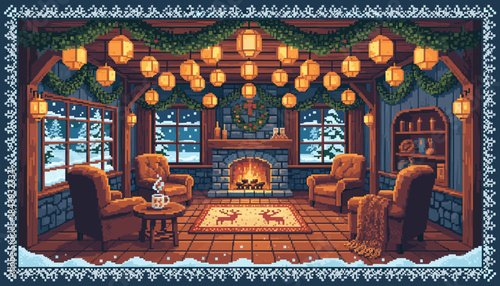 Cozy pixel art winter cabin interior with a warm fireplace, glowing lanterns, and festive holiday decorations, showing a snowy landscape through the large windows