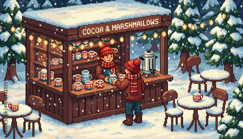Cozy pixel art hot cocoa stall in a snowy forest where a vendor serves a warm drink to a customer under glowing festive string lights