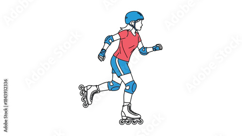 A stylized illustration depicts a figure roller skating with protective gear showcasing a dynamic pose