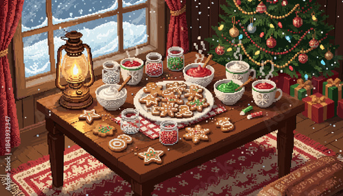 Wooden table with gingerbread cookies, frosting, and sprinkles for decorating in a cozy room with a Christmas tree and a snowy window view in a pixel art style