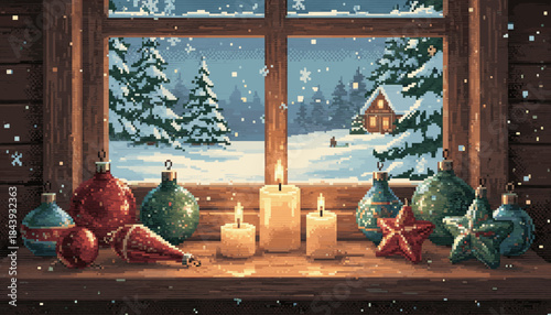 Pixel art Christmas ornaments and lit candles on a wooden windowsill create a cozy holiday scene with a snowy forest and cabin view through the window during a snowfall