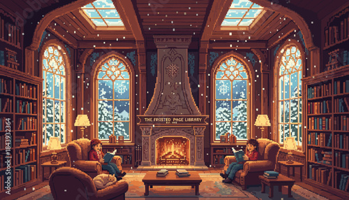 Cozy pixel art library interior with people reading in armchairs by a warm fireplace as snow falls outside the large arched windows on a tranquil winter evening