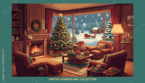 Cozy pixel art living room decorated for Christmas with a glowing fireplace, decorated tree, and a snowy winter scene visible through the large window at night