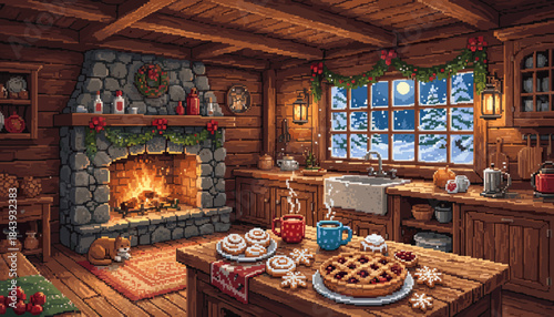 Cozy pixel art kitchen interior decorated for Christmas with a roaring fireplace, a cat sleeping on a rug, and a table filled with freshly baked pie and cookies