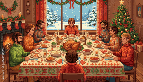 Pixel art illustration of a large family enjoying a festive Christmas dinner together in a cozy, warmly lit dining room with a fireplace, stockings, and a decorated tree