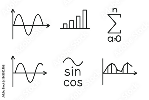 Fourier Series Icons. Line style icons of Fourier Series: periodic wave chart, Fourier coefficients bar, infinite sum symbol,