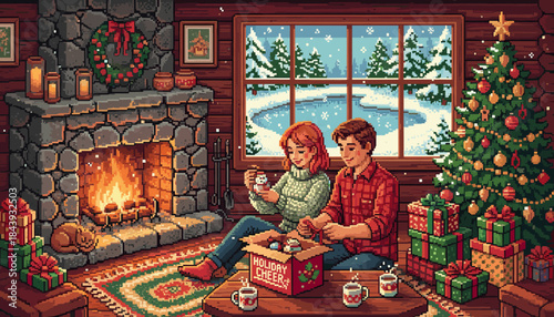 Happy young couple decorating for Christmas together, sitting by a warm fireplace in a rustic log cabin with a festive tree in a retro pixel art illustration