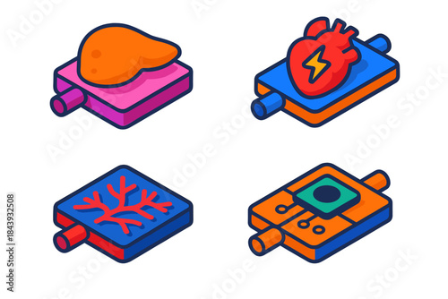Human-on-a-Chip Components. Isometric vector illustration set Human-on-a-Chip Components: Liver cell chamber, beating heart tissue