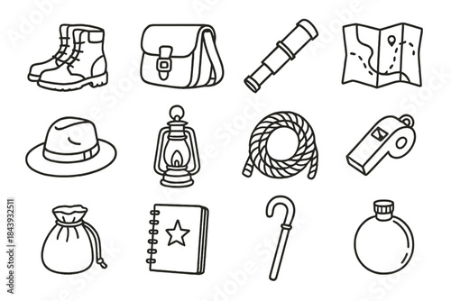 Exploration Kit Icons. Line style icons of exploration kit: leather boots, satchel, spyglass, map; hat, lantern, rope, whistle;