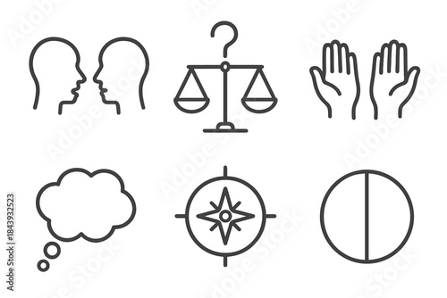 Ethical Law Icons. Line style icons of Ethical Debates in Law: two faces in dialogue, scales with question mark, open hands,