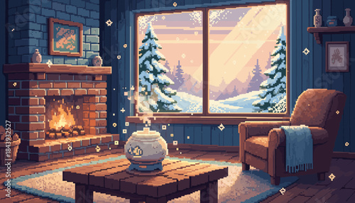 Cozy pixel art living room interior with a warm brick fireplace, a comfortable armchair, and a large window looking out onto a beautiful snowy winter forest at sunset