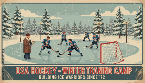 Pixel art illustration of hockey players training with a coach on an outdoor ice rink in a snowy winter forest scene with a vintage, nostalgic poster aesthetic