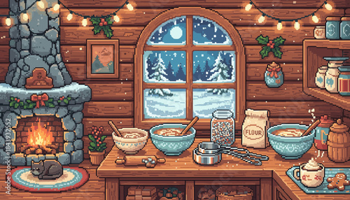 Cozy pixel art kitchen scene with a warm fireplace, a sleeping cat, and ingredients for holiday baking on a wooden counter by a snowy window at night