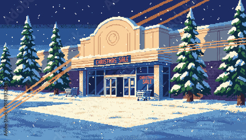 Pixel art department store building with a glowing Christmas sale sign is surrounded by snow-covered pine trees during a calm winter night