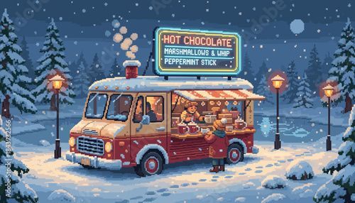 Retro hot chocolate food truck with a glowing neon sign serves a warm drink to a customer on a cozy, snowy winter night in a peaceful pixel art forest scene