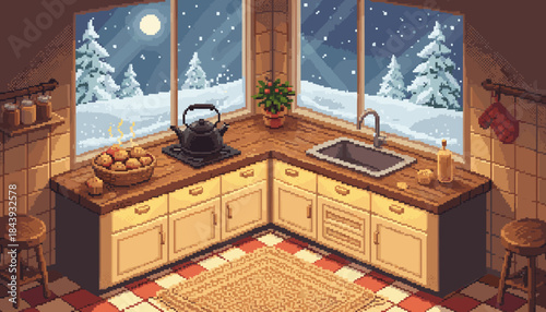 Cozy pixel art kitchen interior scene with a steaming kettle, fresh baked goods, and a beautiful view of a snowy winter night with a full moon