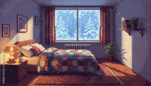 Cozy pixel art bedroom interior with a warm lamp glowing on a nightstand and soft sunlight streaming through a window overlooking a snowy forest scene