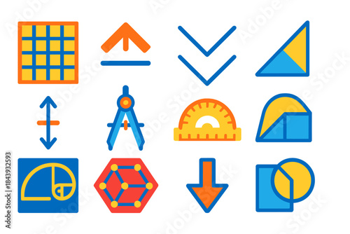 Mathematical Folding Icons. Flat vector icons of mathematical principles in folding: crease pattern grid, mountain fold symbol,